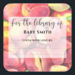 Watercolor peaches - For the library of Square Sticker<br><div class="desc">Cute Watercolor "Little peach is on the way". Peaches pattern and leaves - Baby shower Invitation. Matching items available.</div>