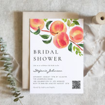 Watercolor Peaches Greenery QR Code Bridal Shower
