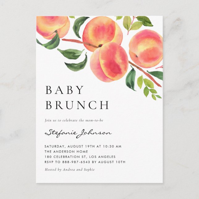 Watercolor Peaches Summer Baby Brunch Invitation Postcard (Front)
