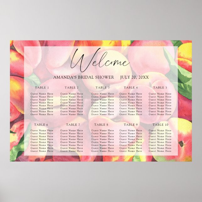Watercolor peaches wedding seating chart (Front)