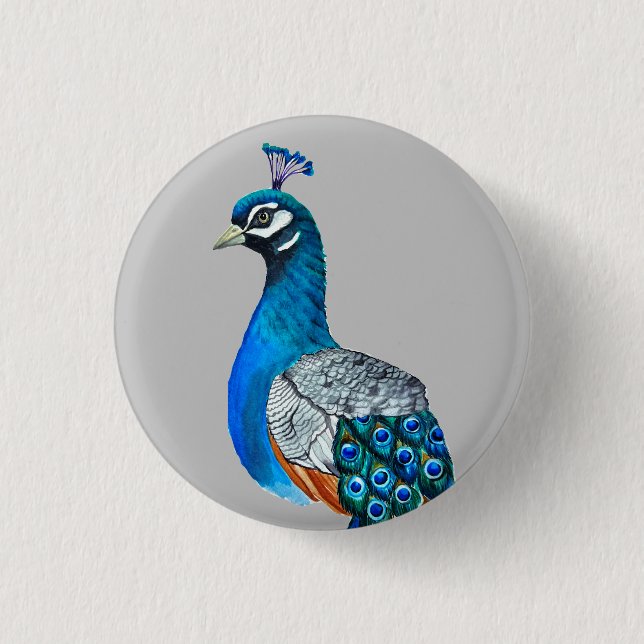 Watercolor peacock 3 cm round badge (Front)