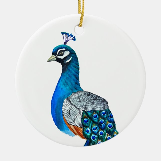 Watercolor peacock ceramic tree decoration (Front)