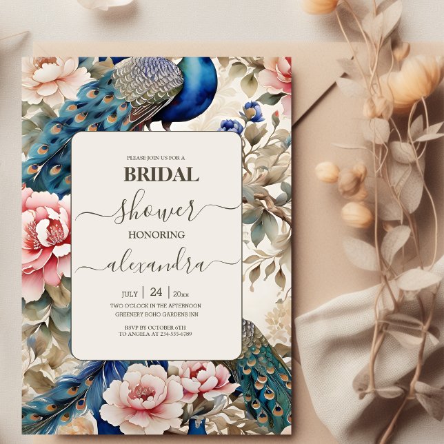 Watercolor Peacock Chinoiserie Bridal Shower Invitation (Creator Uploaded)