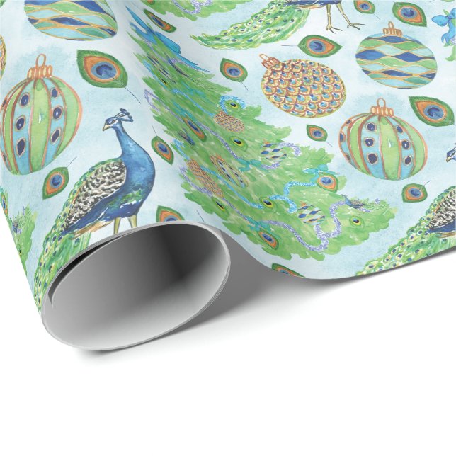 Watercolor Peacock Christmas Wrapping Paper (Roll Corner)
