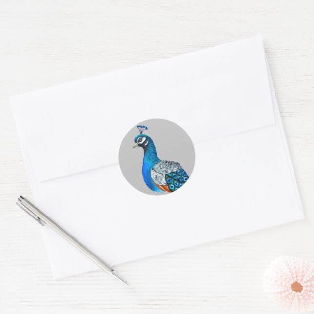 Watercolor peacock classic round sticker (Envelope)
