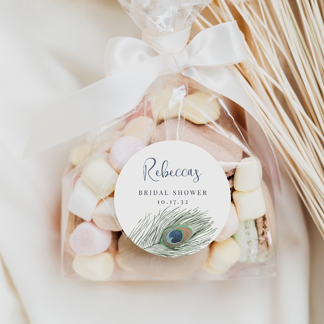 Watercolor Peacock Feather Bridal Shower Classic Round Sticker (Creator Uploaded)