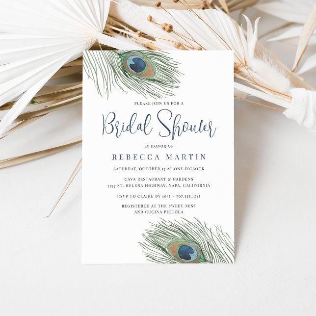 Watercolor Peacock Feather Bridal Shower Invitation (Creator Uploaded)