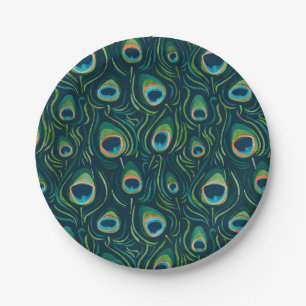 Watercolor Peacock Feather Pattern Paper Plate