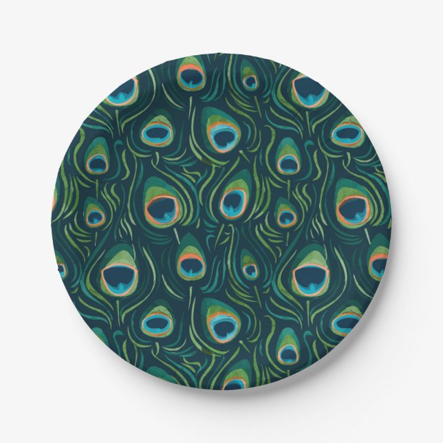 Watercolor Peacock Feather Pattern Paper Plate (Front)