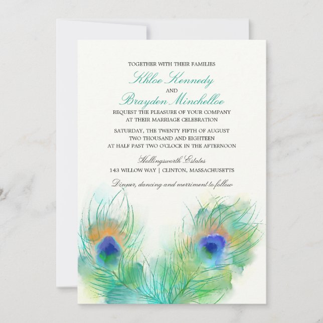 Watercolor Peacock Feather Wedding Invitation (Front)