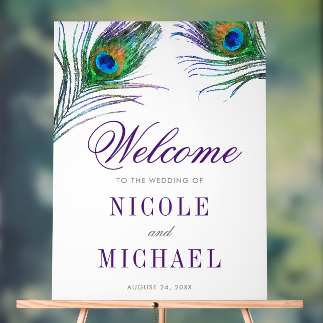 Watercolor Peacock Feather Wedding Welcome Acrylic Sign (Neutral)