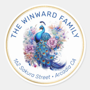 Watercolor Peacock Floral Address Classic Round Sticker