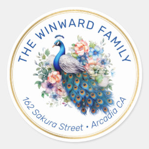 Watercolor Peacock Floral Address Classic Round Sticker