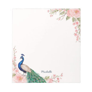 Watercolor Peacock Flowers Personalised Name Notepad