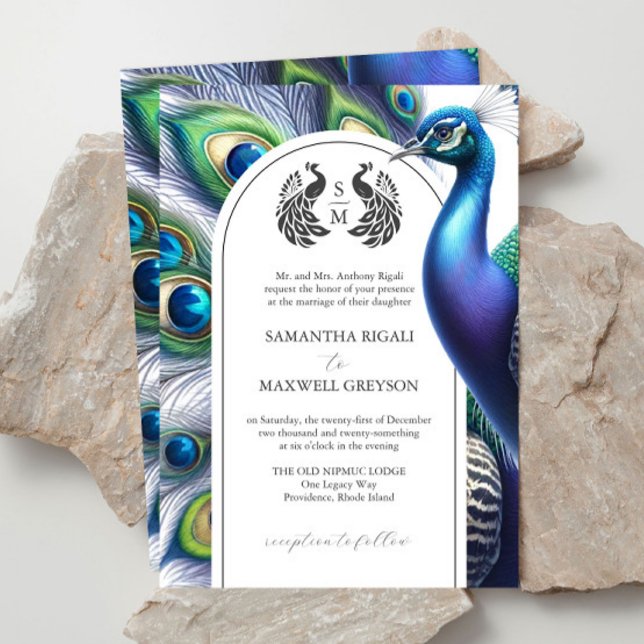Watercolor Peacock Formal Wedding Invitations (Fairytale wedding invitations watercolor peacock and monogram on Zazzle by Victoria Grigaliunas)