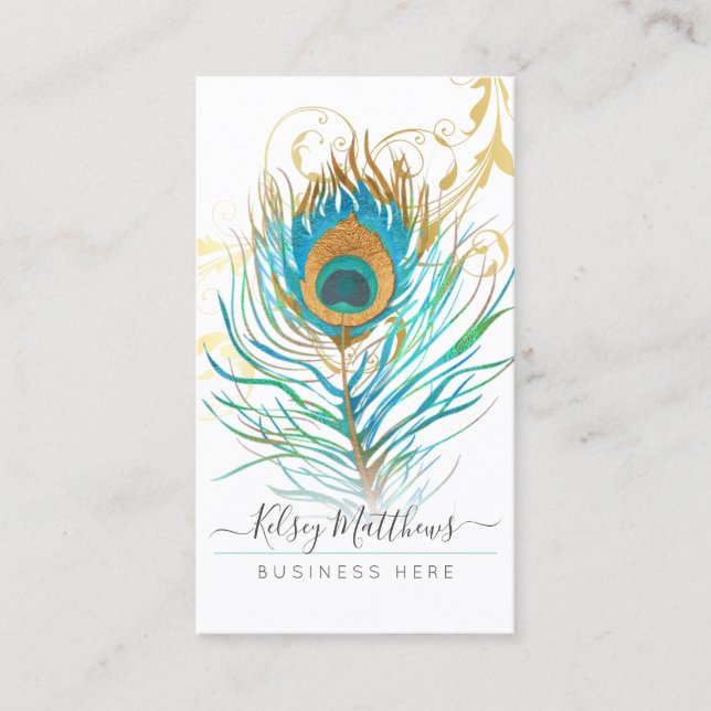 WATERCOLOR PEACOCK PLUME+FILIGREE SWIRLS  BUSINESS CARD (Front)
