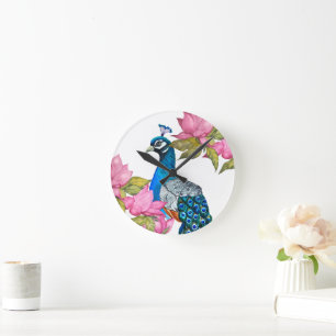 Watercolor peacock round clock