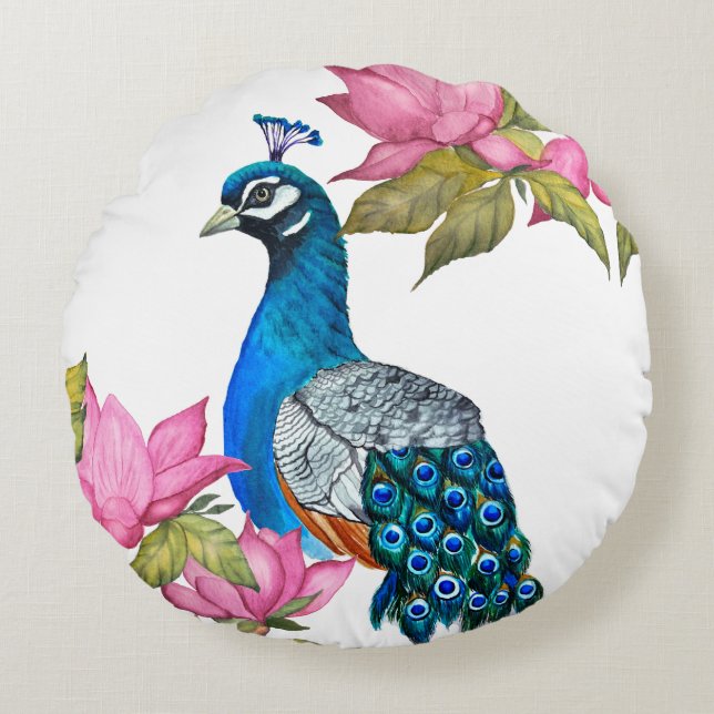 Watercolor peacock round cushion (Front)