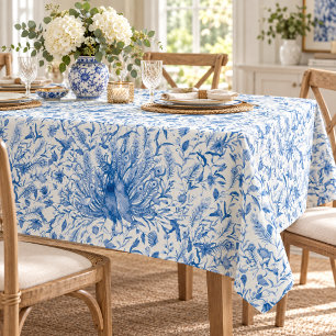 Watercolor Peacocks Blue Floral Feather Pattern Tablecloth