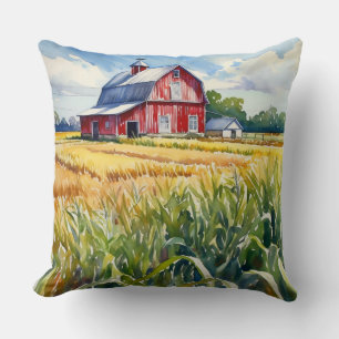 Watercolor Peaked Prairie Barn and Corn Field Cushion