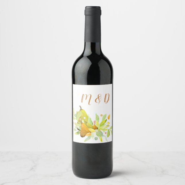Watercolor Pear & Greenery  Wine Label (Front)