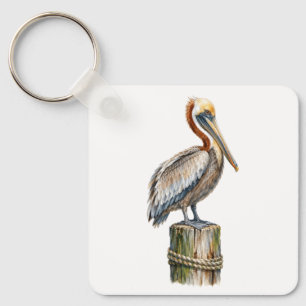 Watercolor Pelican on Wooden Piling Key Ring