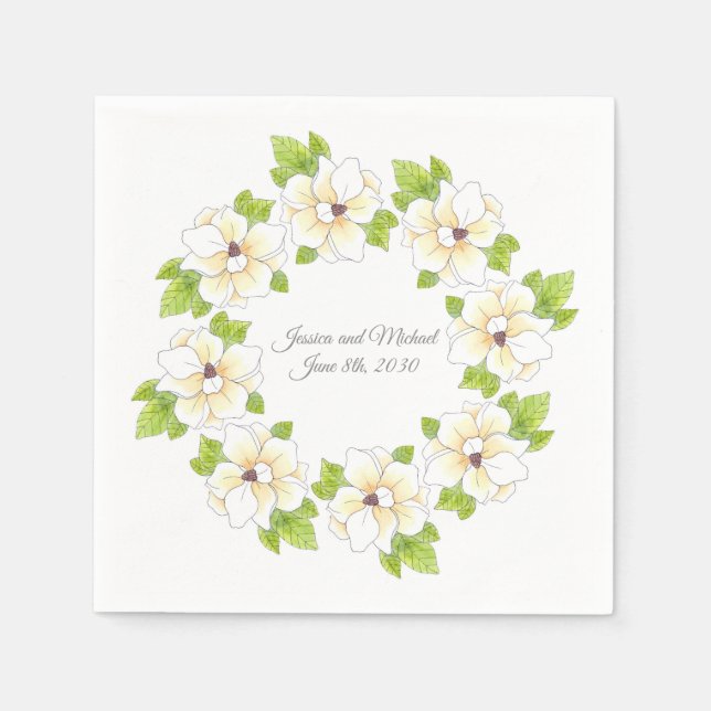 Watercolor, Pen & Ink Magnolia Wreath      Napkin (Front)