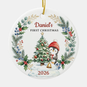Watercolor Penguin Baby 1st Christmas Tree Ceramic Tree Decoration