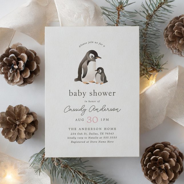 Watercolor Penguin Girl Baby Shower Invitation (Creator Uploaded)