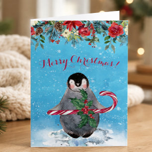 Watercolor Penguin Merry Christmas Holiday Card