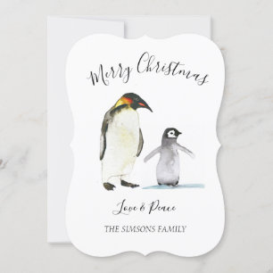 Watercolor Penguin Merry Christmas Merry bright Holiday Card