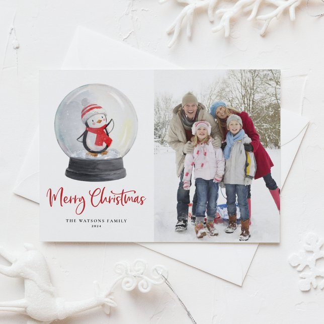 Watercolor Penguin Snow Globe Photo Christmas Holiday Postcard (Creator Uploaded)