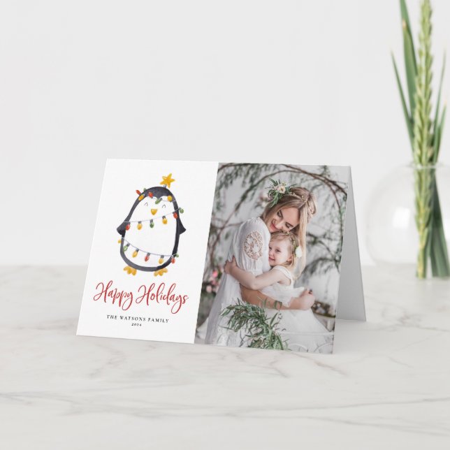 Watercolor Penguin Snowglobe Photo Christmas Holiday Card (Front)