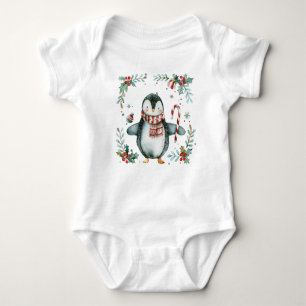 Watercolor Penguin with Candy Cane Holiday Outfit Baby Bodysuit