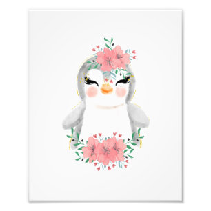 Watercolor Penguin with Florals Photo Print