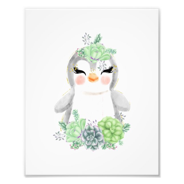 Watercolor Penguin with Succulents Photo Print (Front)