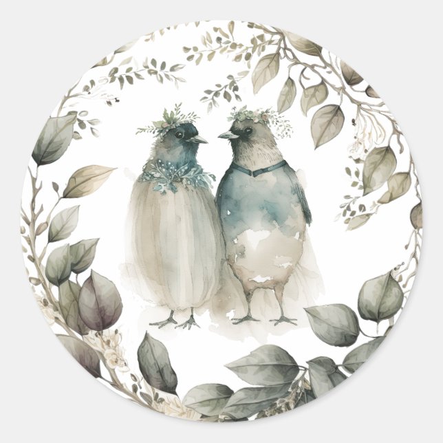 Watercolor Penguins and Greenery Classic Round Sticker (Front)