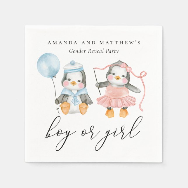 Watercolor penguins. Boy or girl. Gender reveal  Napkin (Front)