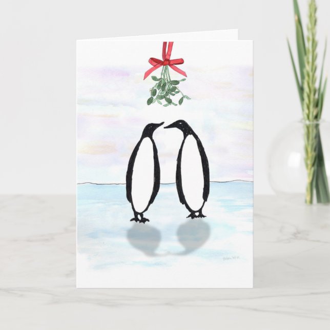 Watercolor Penguins with Holiday Mistletoe Card (Front)
