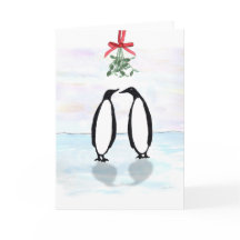 Watercolor Penguins with Holiday Mistletoe