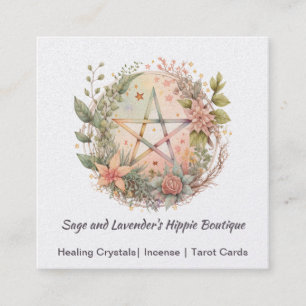 Watercolor Pentagram and Flowers Square Business Card