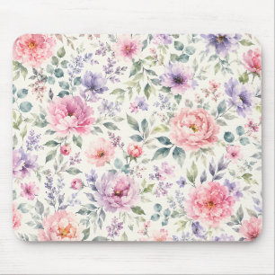Watercolor Peonies and Lavender Floral Pattern Mouse Pad
