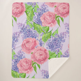 Watercolor peonies and lilacs sherpa blanket
