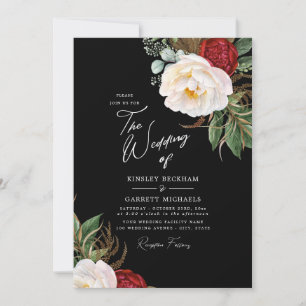 Watercolor Peonies Customisable Black Wedding Invitation