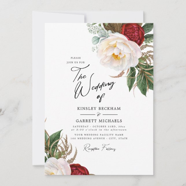 Watercolor Peonies Customisable White Wedding Invitation (Front)
