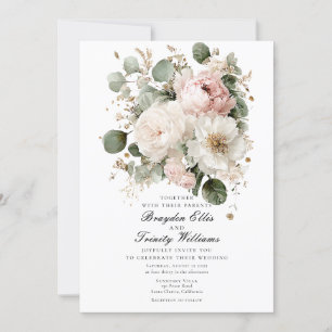 Watercolor peonies elegant wedding invitation