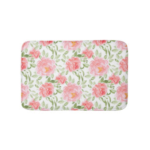 Watercolor Peonies Floral Pattern Bath Mat