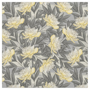 Watercolor Peonies Floral Pattern Yellow   Grey Fabric