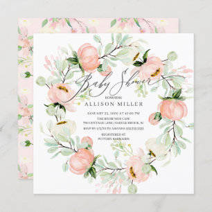 Watercolor Peonies Floral Wreath Baby Shower Invitation