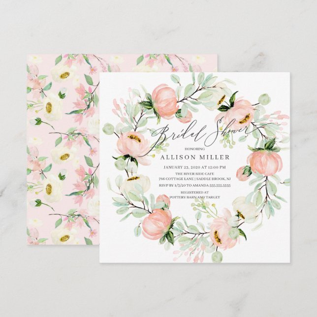 Watercolor Peonies Floral Wreath Bridal Shower Invitation (Front/Back)